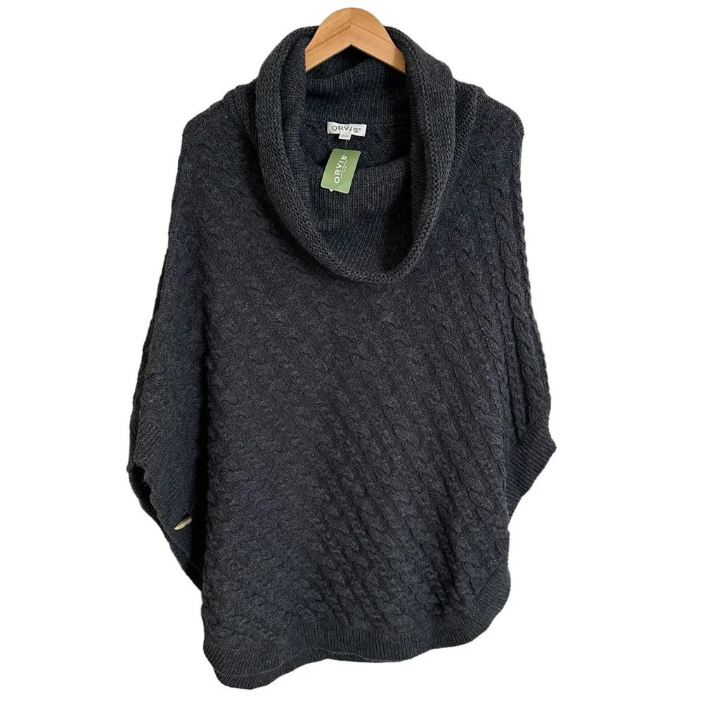 NWT Orvis Women’s S/M Gray Cabled Cowlneck Poncho Sweater Merino Wool Blend New